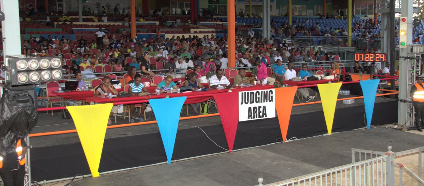 Judging Area (post Sound Specialists of Laventille) with the digital clock. Medium + Large Semi Finals TT Panorama 20150201 by John Schmidt